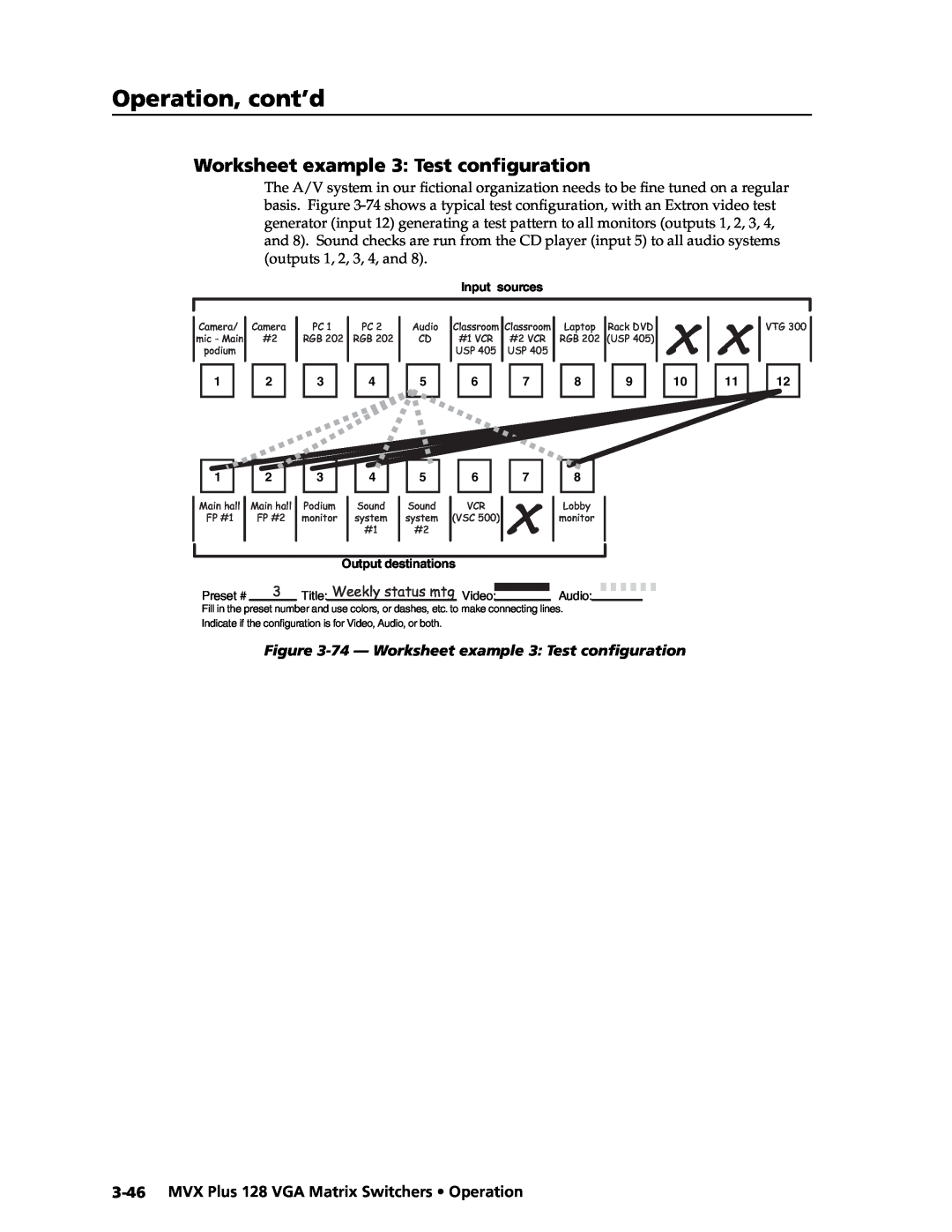 Extron electronic MVX PLUS 128 manual Worksheet example 3 Test conﬁguration, Operation, cont’d 