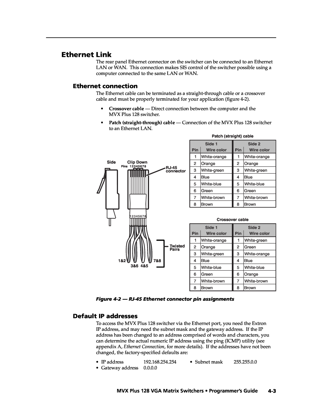 Extron electronic MVX PLUS 128 manual Ethernet Link, Default IP addresses, Ethernet connection 