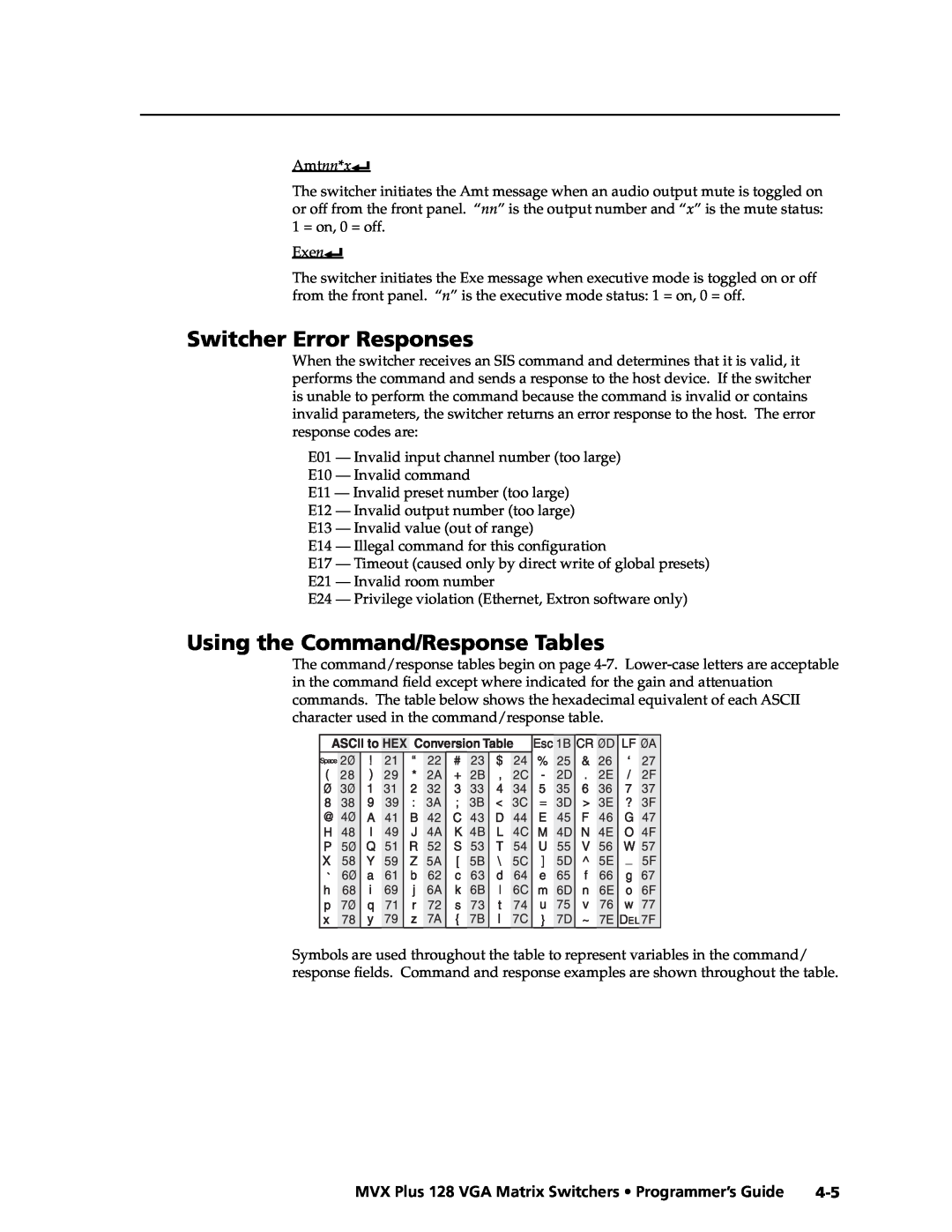 Extron electronic MVX PLUS 128 manual Switcher Error Responses, Using the Command/Response Tables 
