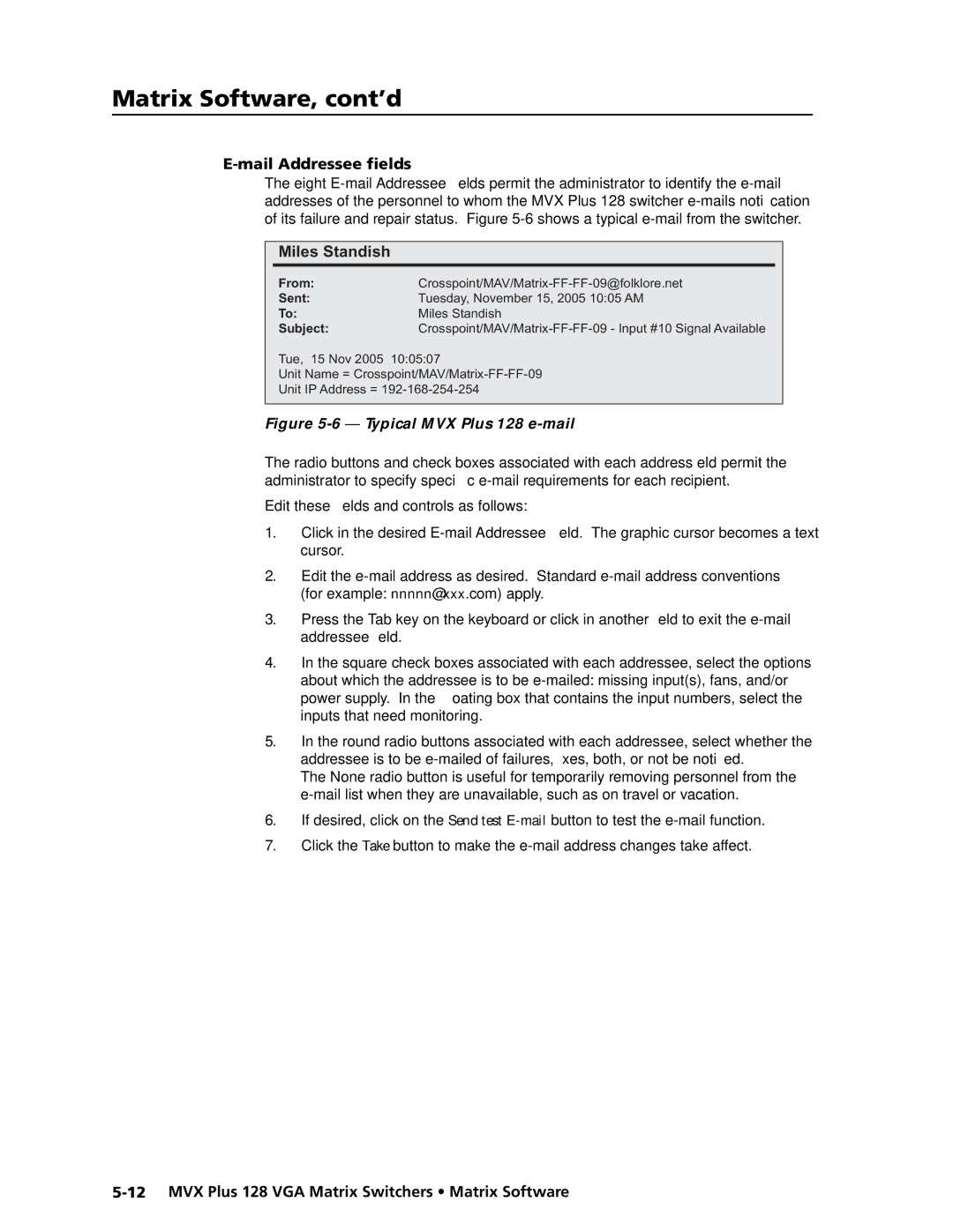 Extron electronic MVX PLUS 128 manual Miles Standish, Mail Addressee ﬁelds 