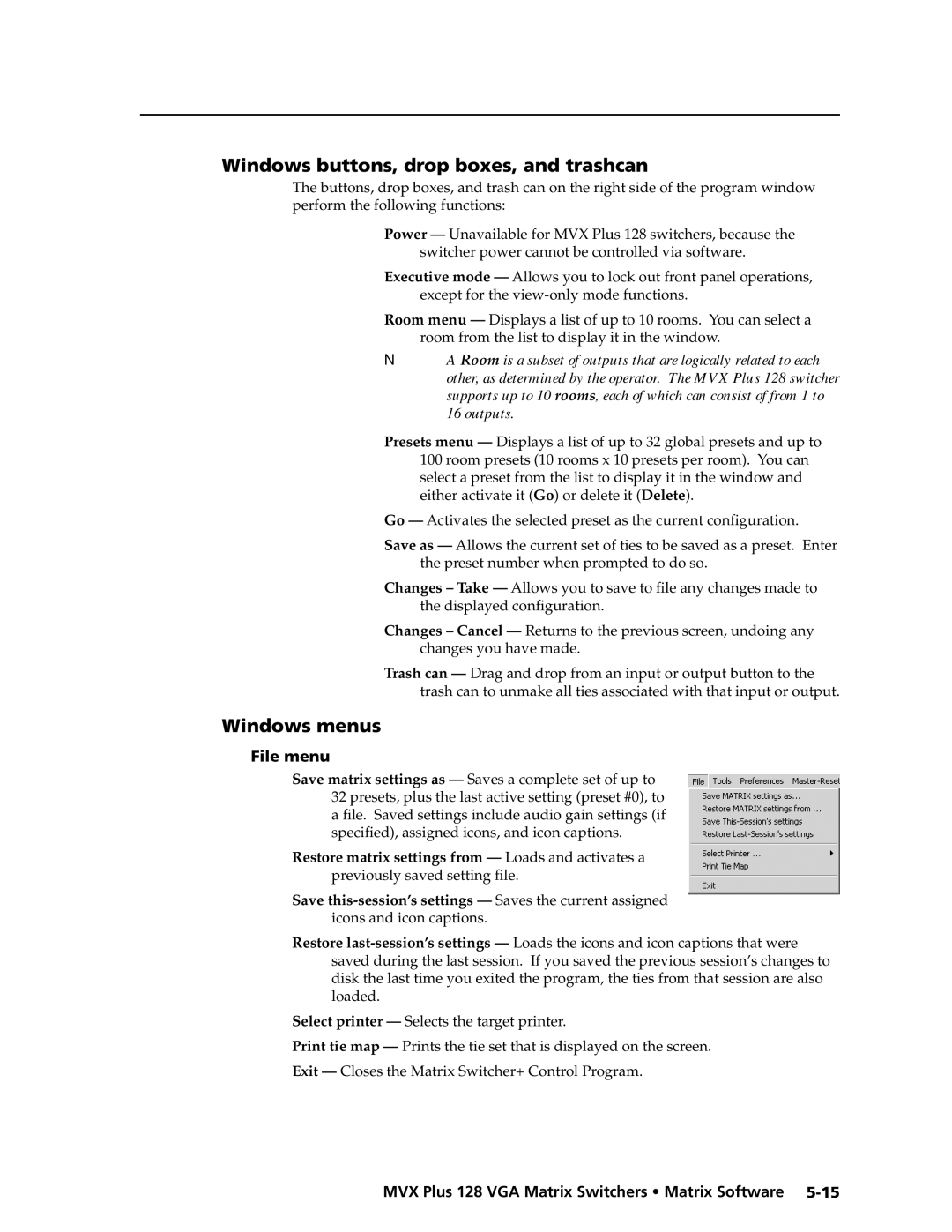 Extron electronic MVX PLUS 128 manual Windows buttons, drop boxes, and trashcan, Windows menus, File menu 