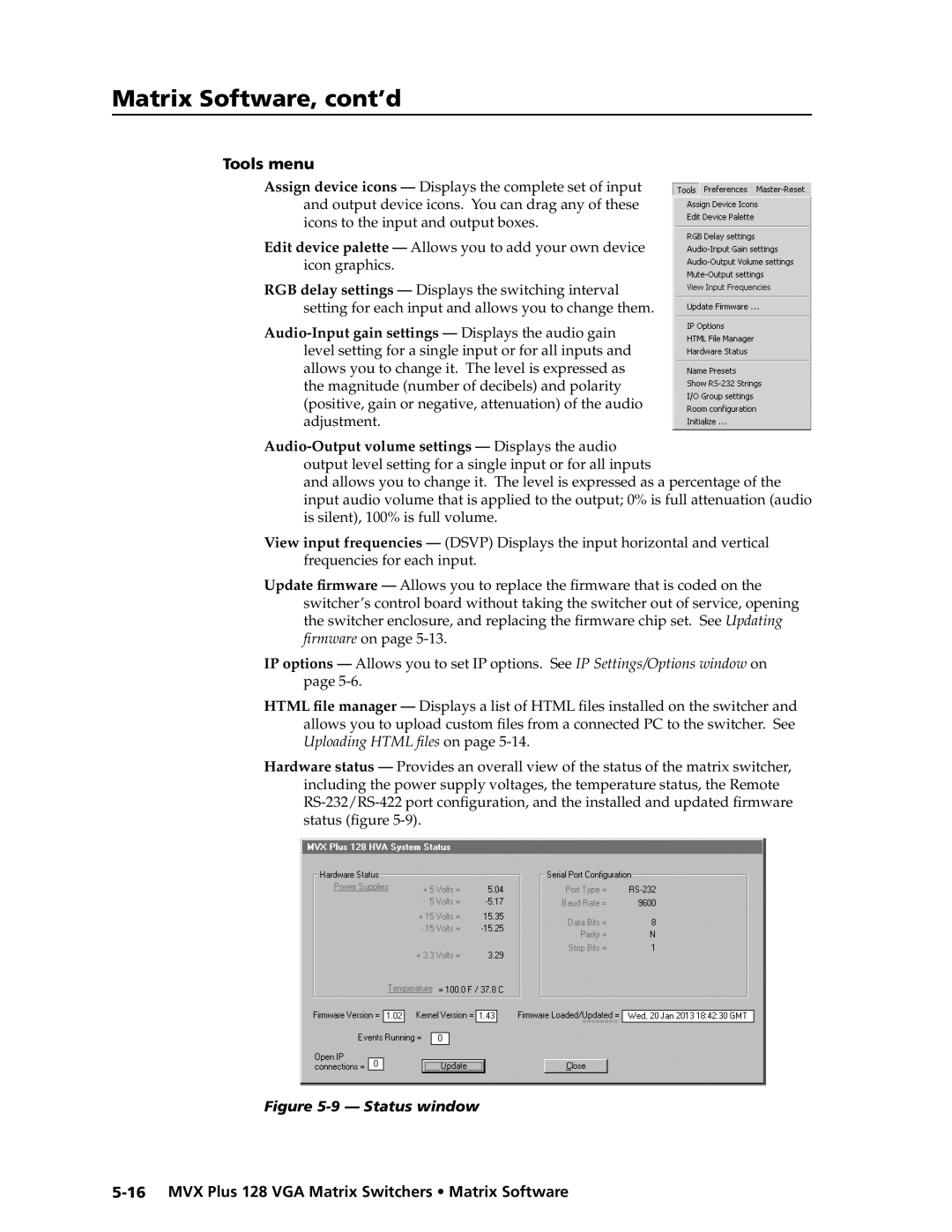 Extron electronic MVX PLUS 128 manual Tools menu, Status window 