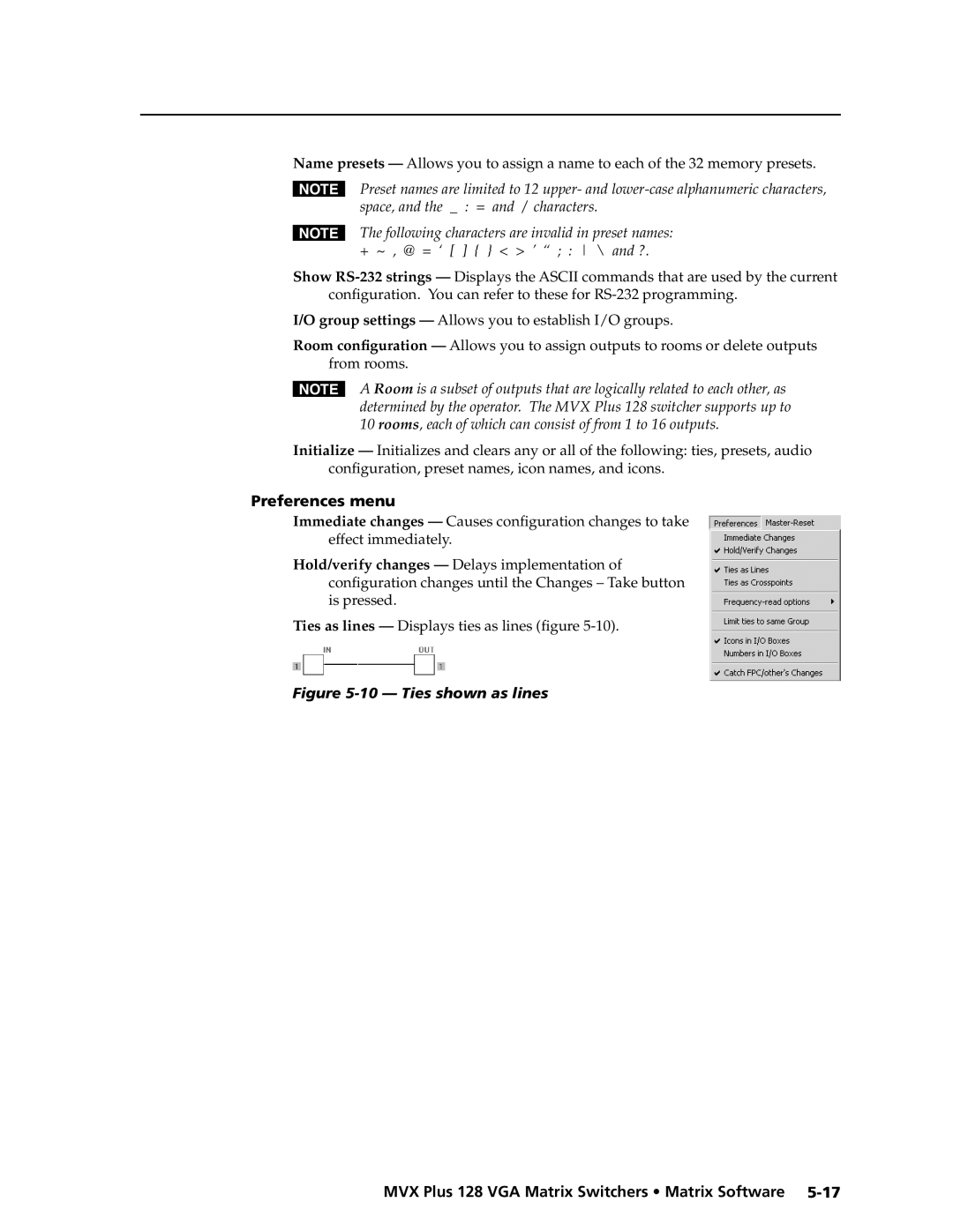 Extron electronic MVX PLUS 128 manual Preferences menu, Ties shown as lines 