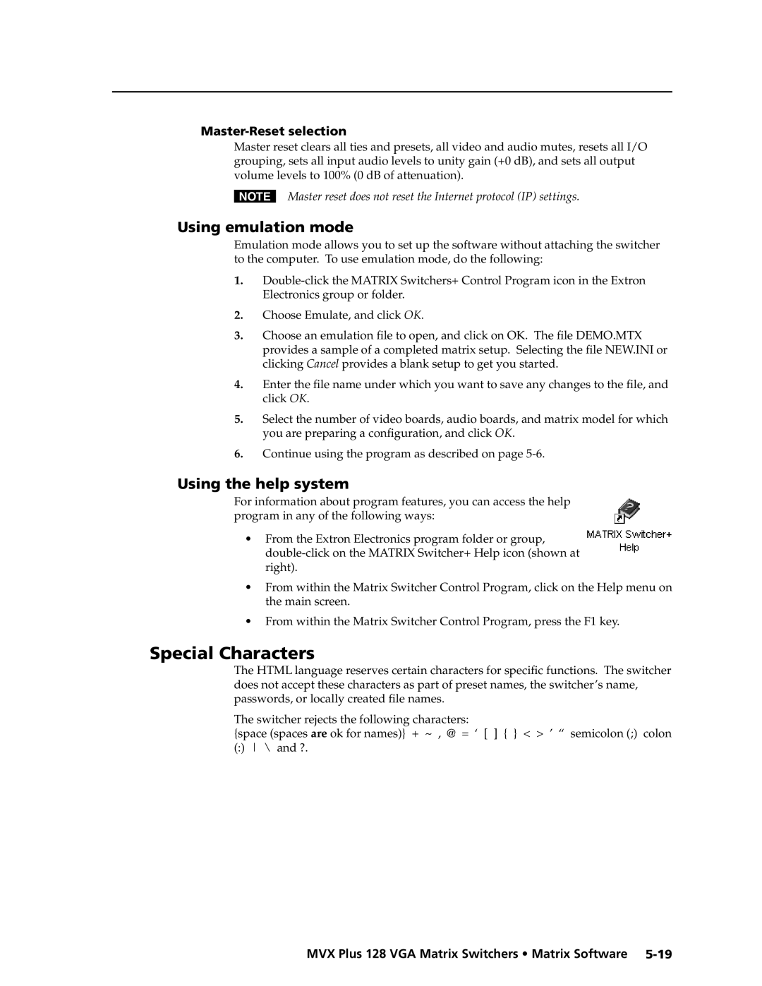 Extron electronic MVX PLUS 128 manual Using emulation mode, Using the help system, Master-Reset selection 