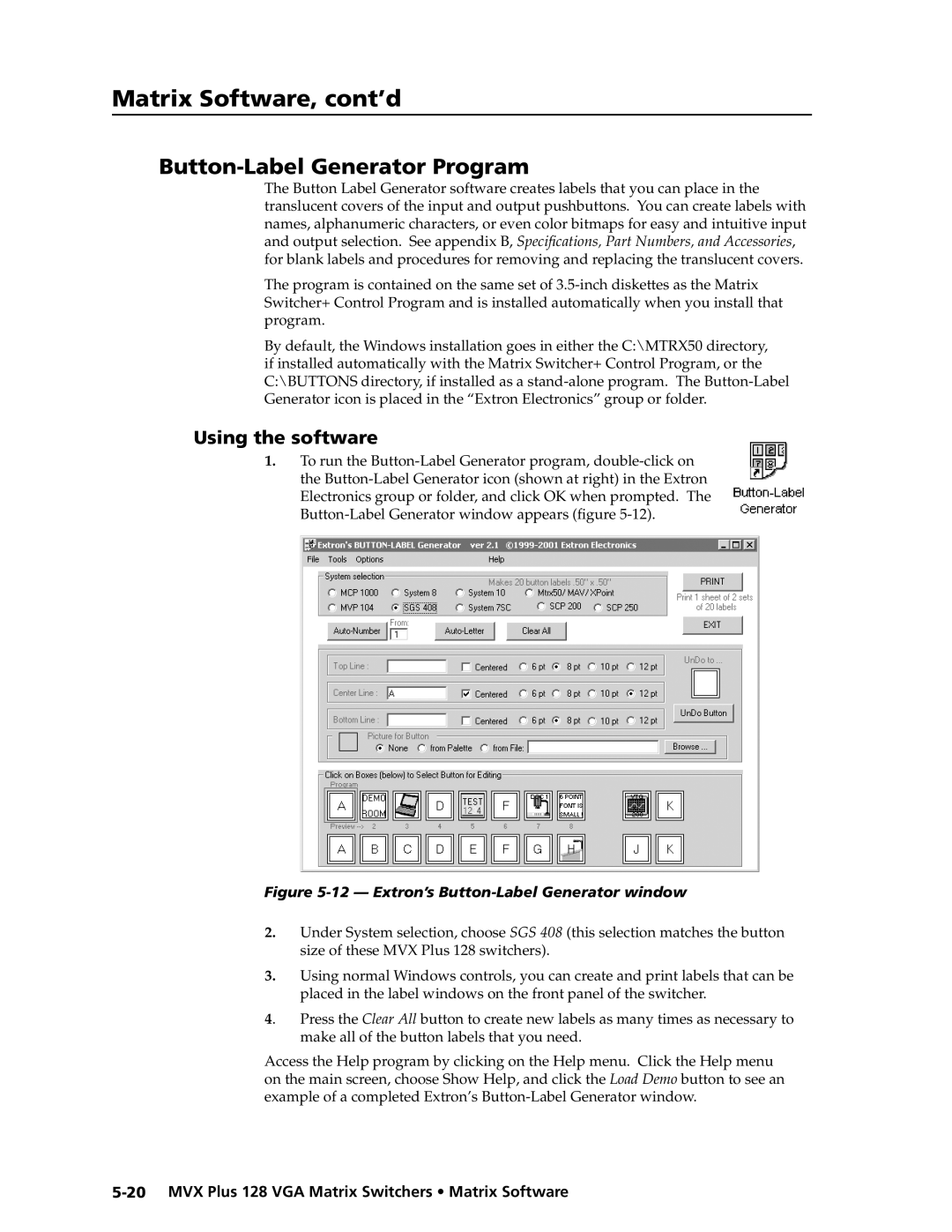 Extron electronic MVX PLUS 128 manual Button-Label Generator Program, Extron’s Button-Label Generator window 