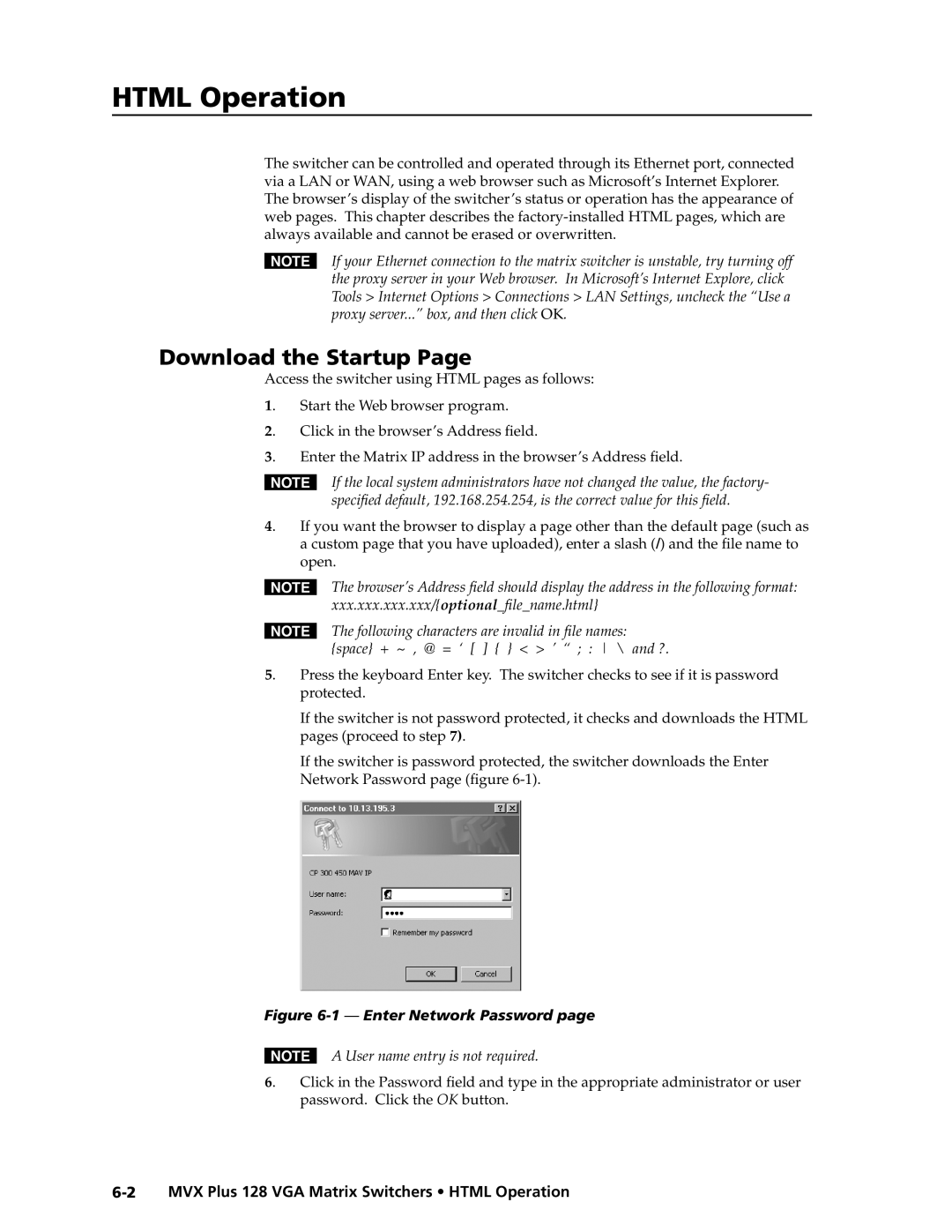 Extron electronic MVX PLUS 128 manual Download the Startup, Access the switcher using Html pages as follows 