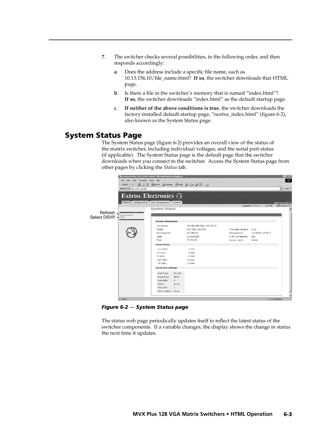 Extron electronic MVX PLUS 128 manual System Status 