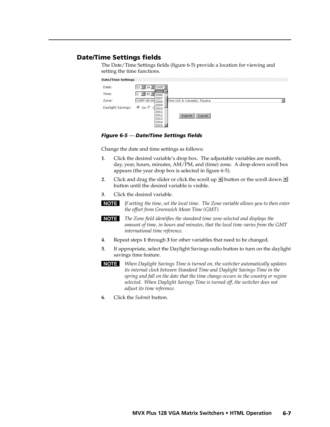 Extron electronic MVX PLUS 128 manual Date/Time Settings ﬁelds, Savings time feature, Click the Submit button 