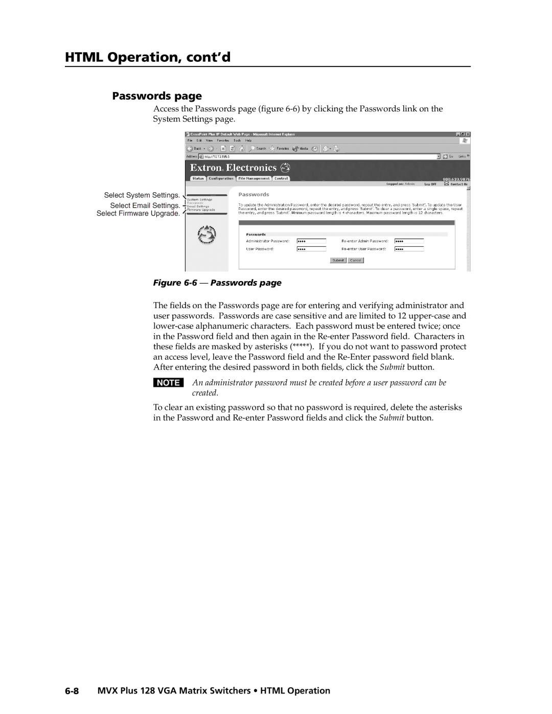 Extron electronic MVX PLUS 128 manual Passwords 