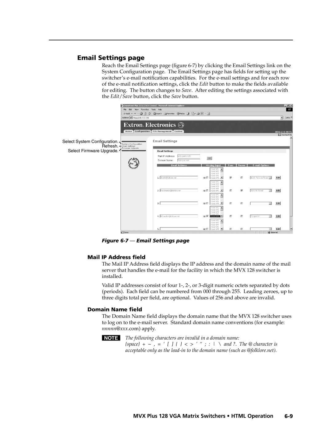 Extron electronic MVX PLUS 128 manual Email Settings, Mail IP Address ﬁeld, Domain Name ﬁeld 