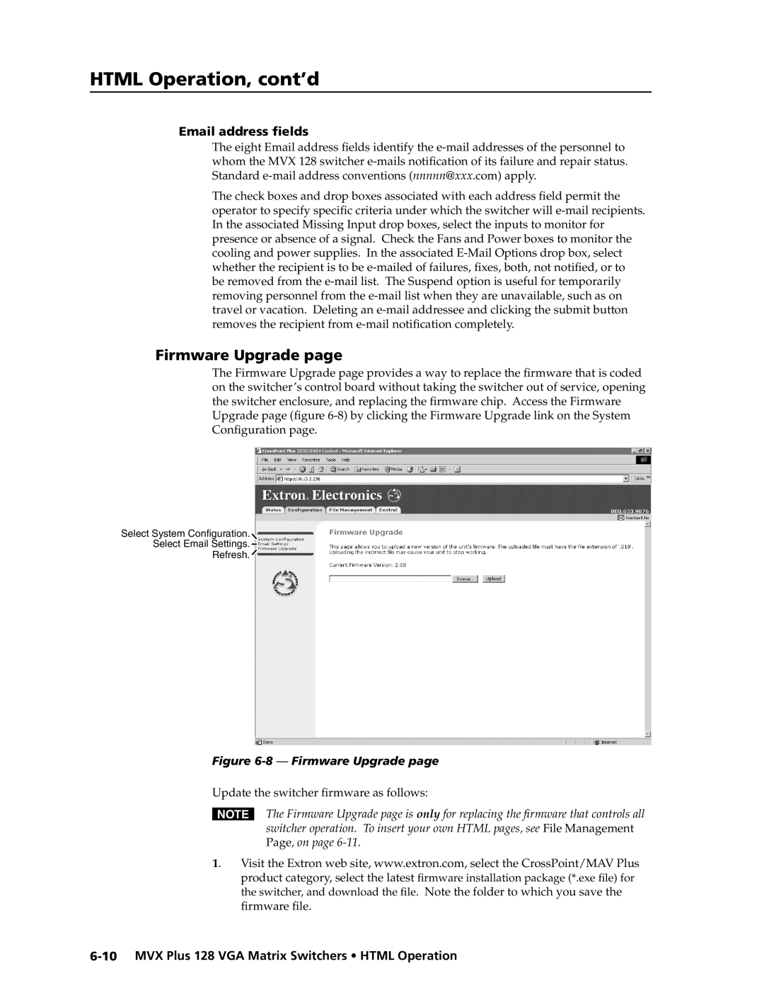 Extron electronic MVX PLUS 128 manual Firmware Upgrade, Email address ﬁelds 