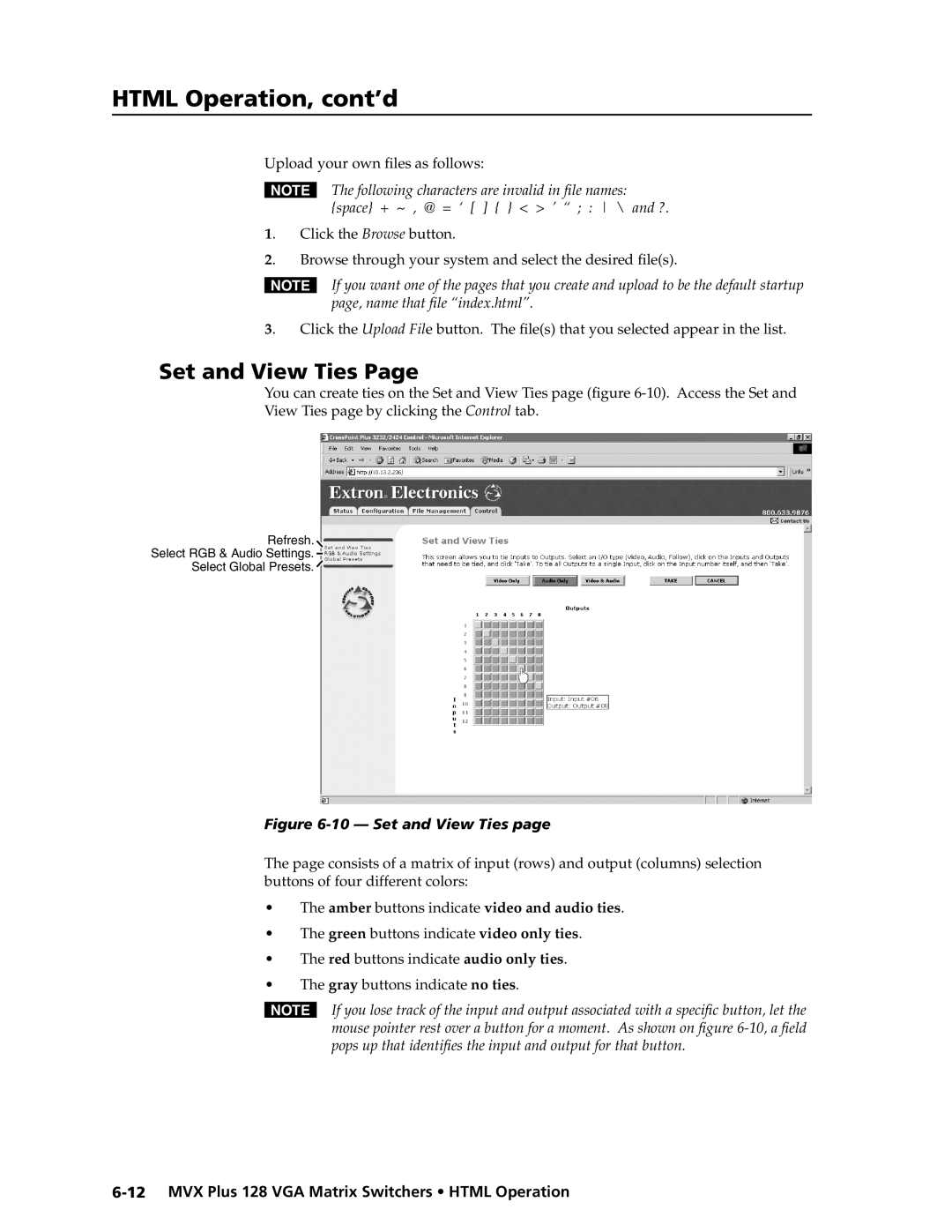 Extron electronic MVX PLUS 128 manual Set and View Ties, Upload your own ﬁles as follows, Click the Browse button 