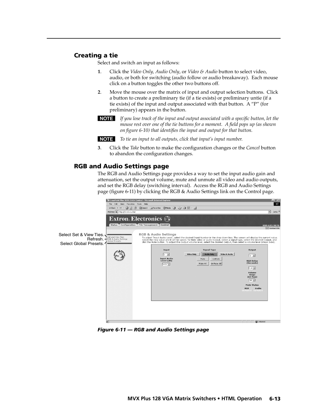 Extron electronic MVX PLUS 128 manual Creating a tie, RGB and Audio Settings 