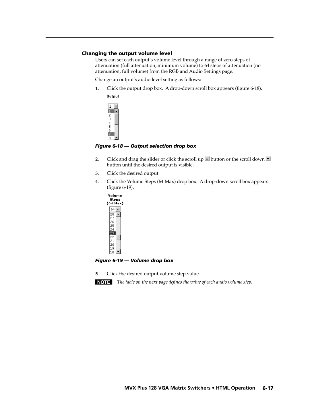 Extron electronic MVX PLUS 128 manual Changing the output volume level, Click the desired output volume step value 