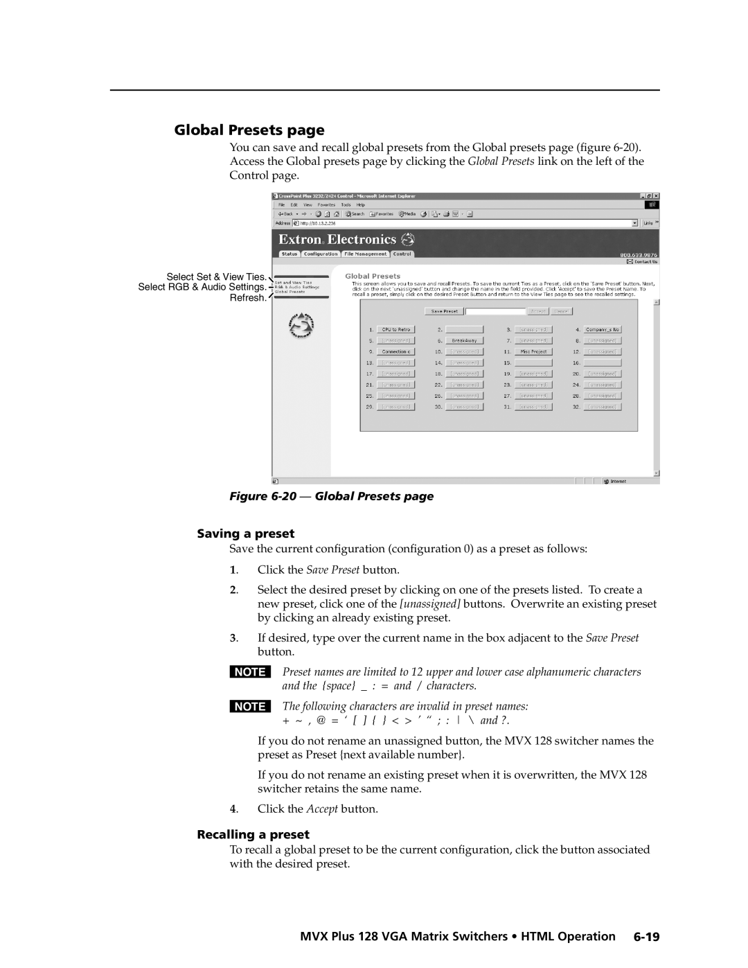 Extron electronic MVX PLUS 128 manual Global Presets, Saving a preset, Recalling a preset 