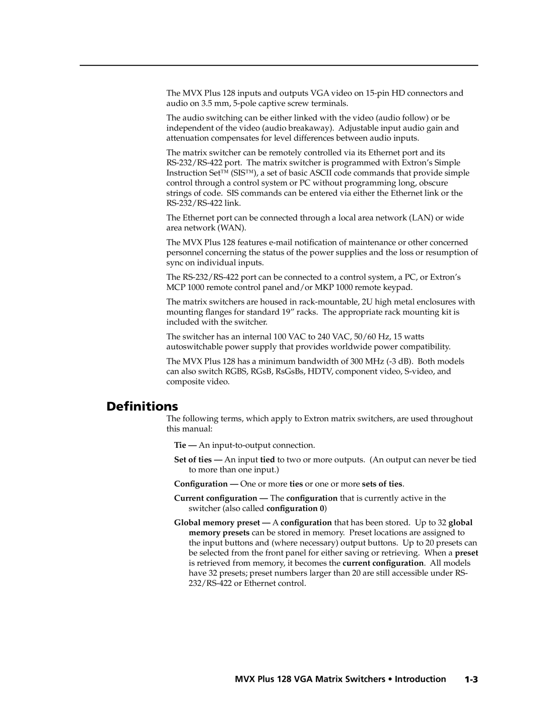 Extron electronic MVX PLUS 128 manual Deﬁnitions 