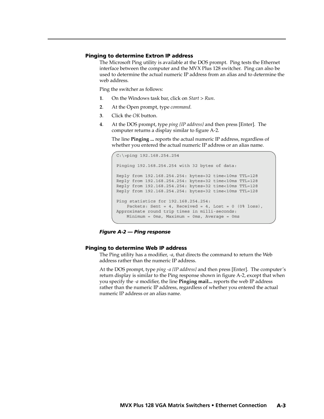 Extron electronic MVX PLUS 128 manual Pinging to determine Extron IP address, Pinging to determine Web IP address 