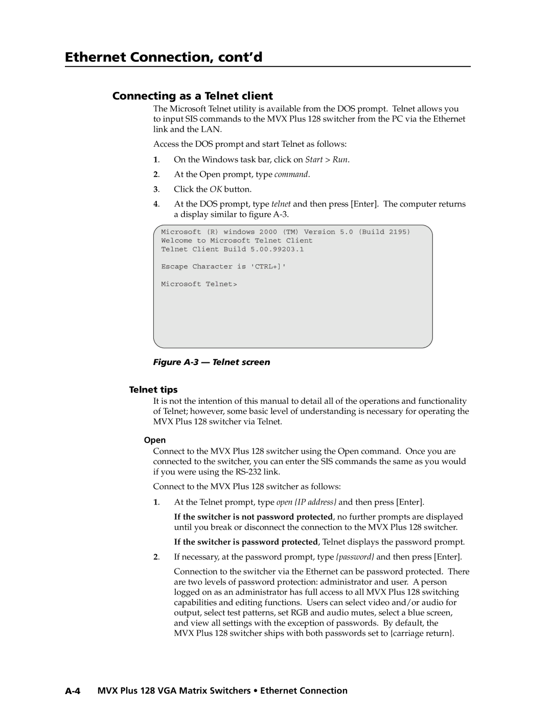 Extron electronic MVX PLUS 128 manual Connecting as a Telnet client, Telnet tips, Open 