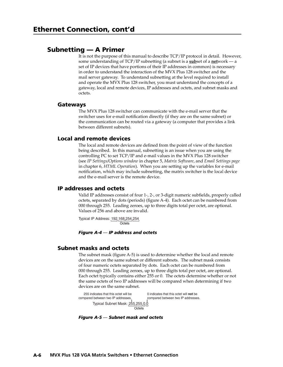 Extron electronic MVX PLUS 128 manual Subnetting a Primer, Gateways, Local and remote devices, IP addresses and octets 