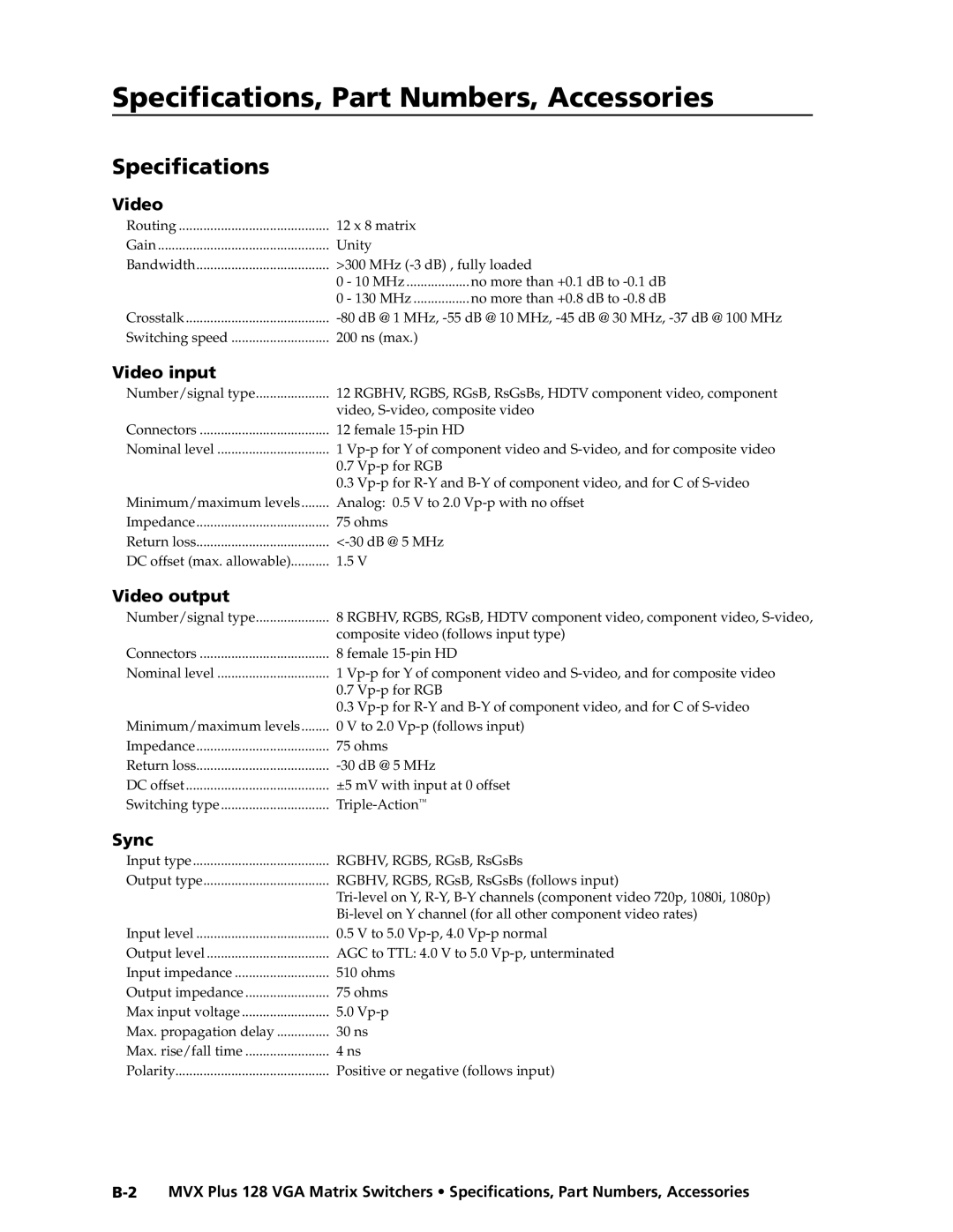 Extron electronic MVX PLUS 128 manual Speciﬁcations, Part Numbers, Accessories 