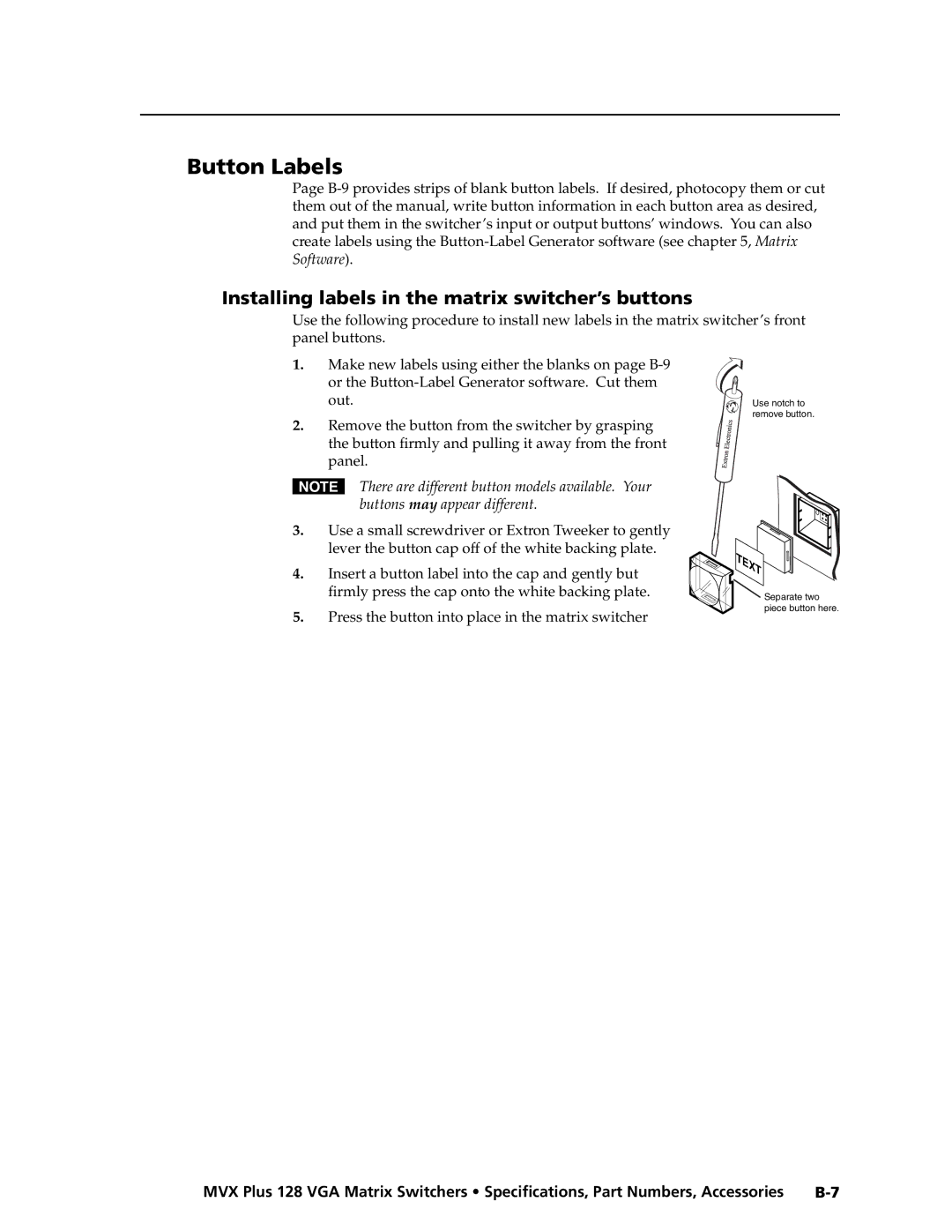 Extron electronic MVX PLUS 128 manual Button Labels, Installing labels in the matrix switcher’s buttons 