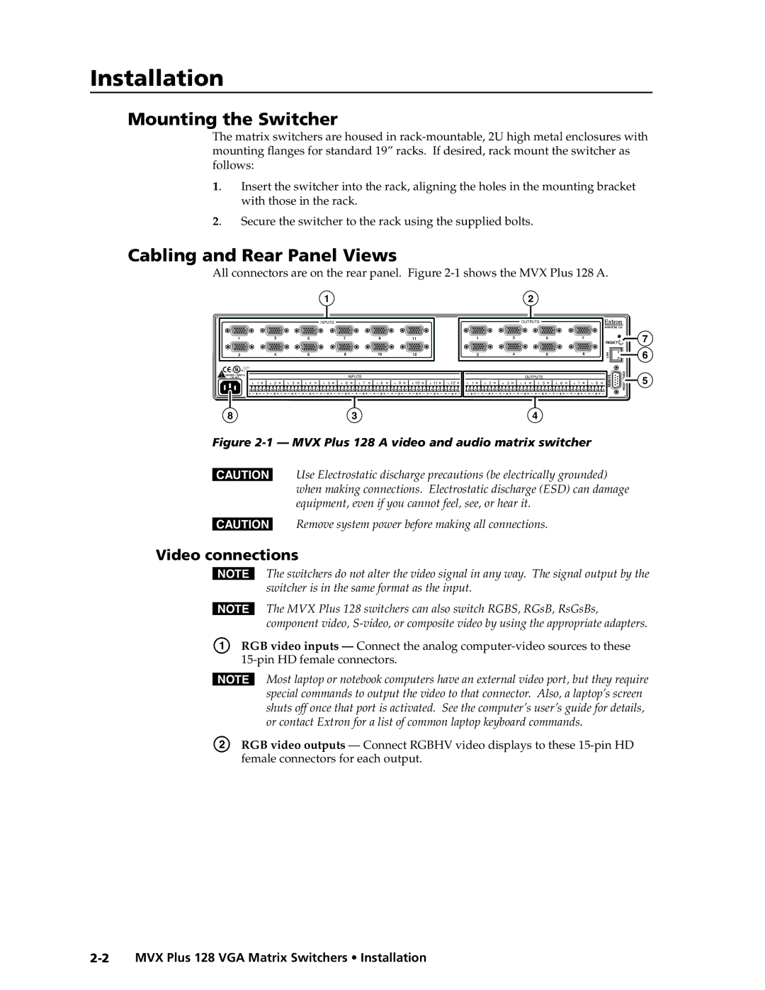 Extron electronic MVX PLUS 128 manual Mounting the Switcher, Cabling and Rear Panel Views, Video connections 