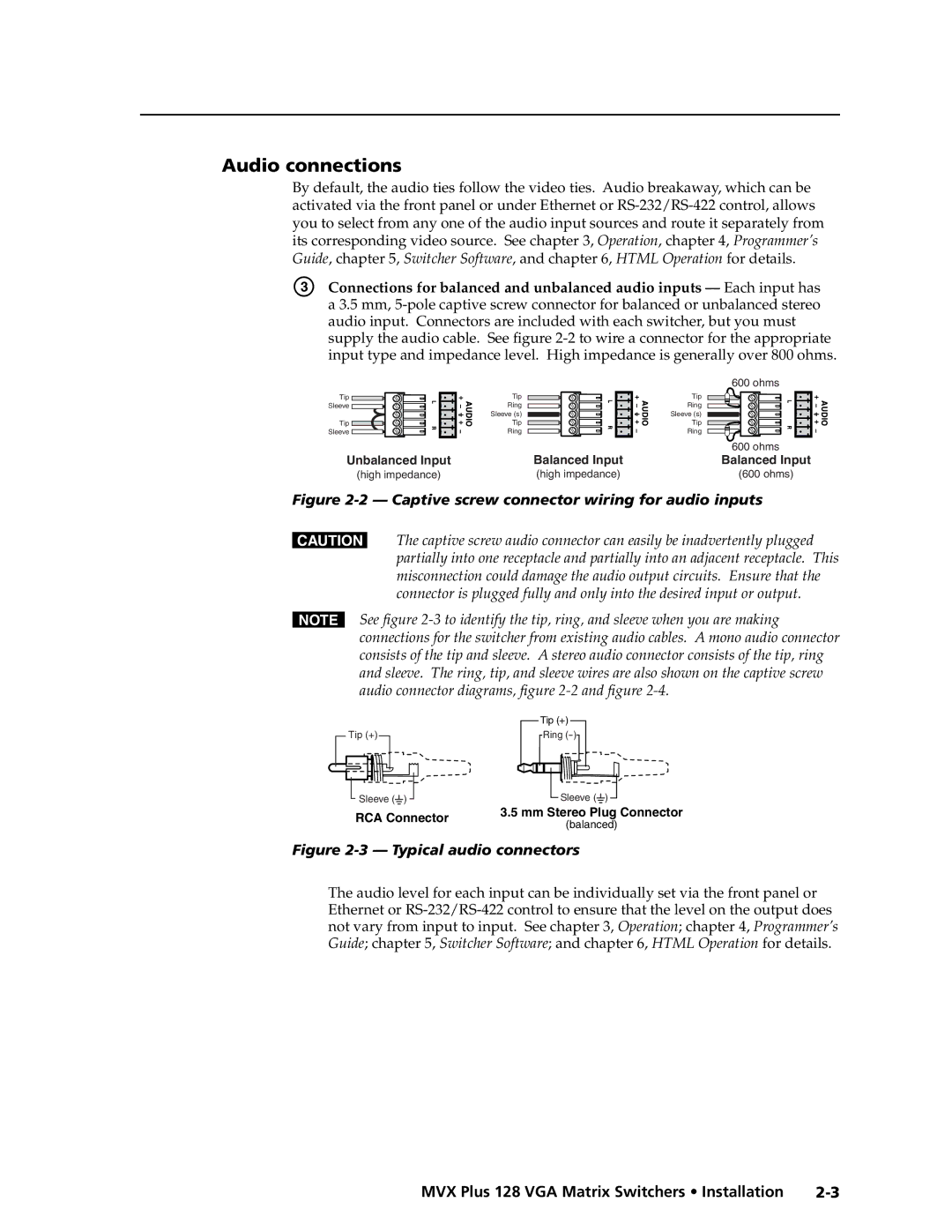 Extron electronic MVX PLUS 128 manual Audio connections, Captive screw connector wiring for audio inputs 