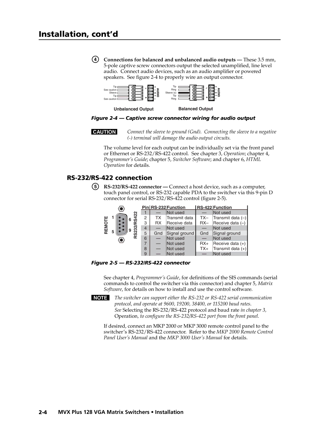 Extron electronic MVX PLUS 128 manual Installation, cont’d, RS-232/RS-422 connection 