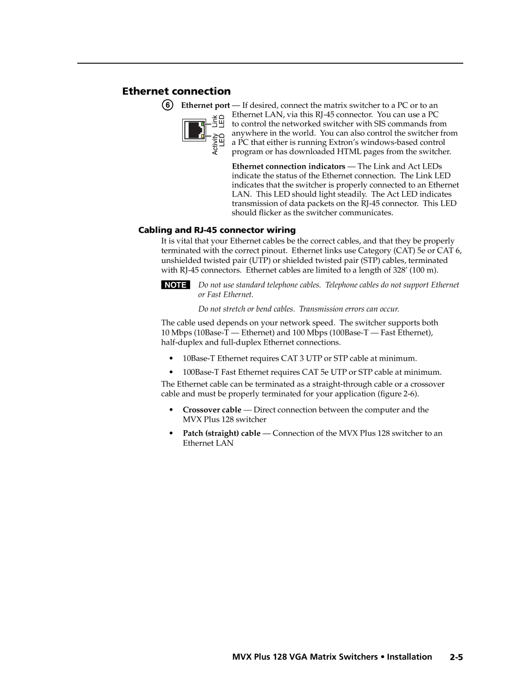 Extron electronic MVX PLUS 128 manual Ethernet connection, To control the networked switcher with SIS commands from 