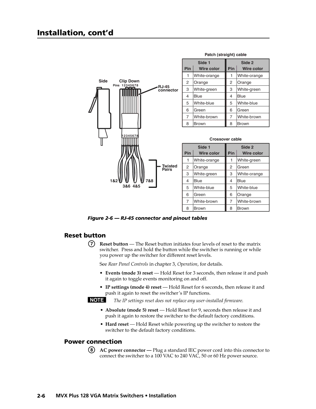 Extron electronic MVX PLUS 128 manual Reset button, Power connection 