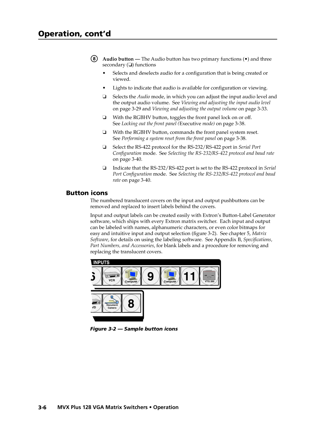 Extron electronic MVX PLUS 128 manual Button icons, Sample button icons 