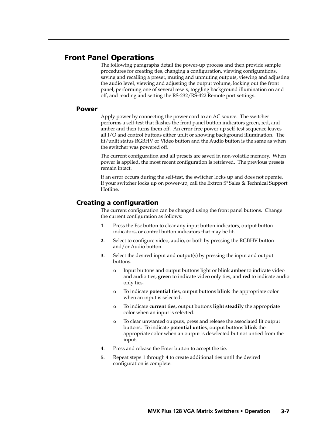 Extron electronic MVX PLUS 128 manual Front Panel Operations, Power, Creating a conﬁguration 