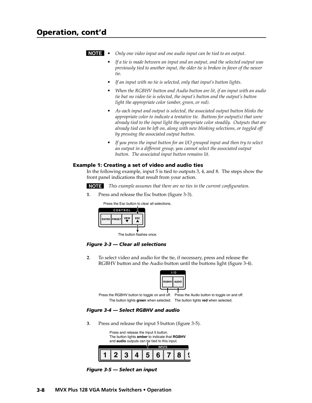 Extron electronic MVX PLUS 128 Example 1 Creating a set of video and audio ties, Press and release the Esc button ﬁgure 