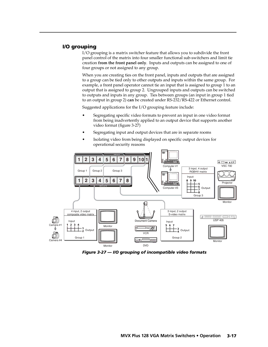 Extron electronic MVX PLUS 128 manual Grouping, 27 I/O grouping of incompatible video formats 