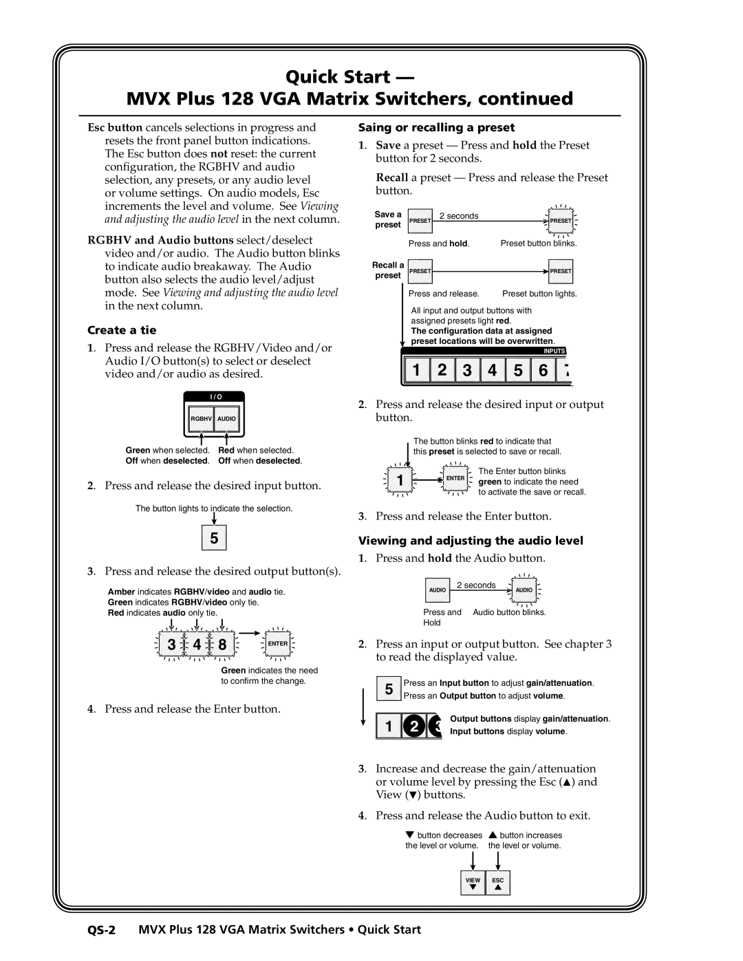 Extron electronic MVX PLUS 128 manual Create a tie, Saing or recalling a preset, Viewing and adjusting the audio level 