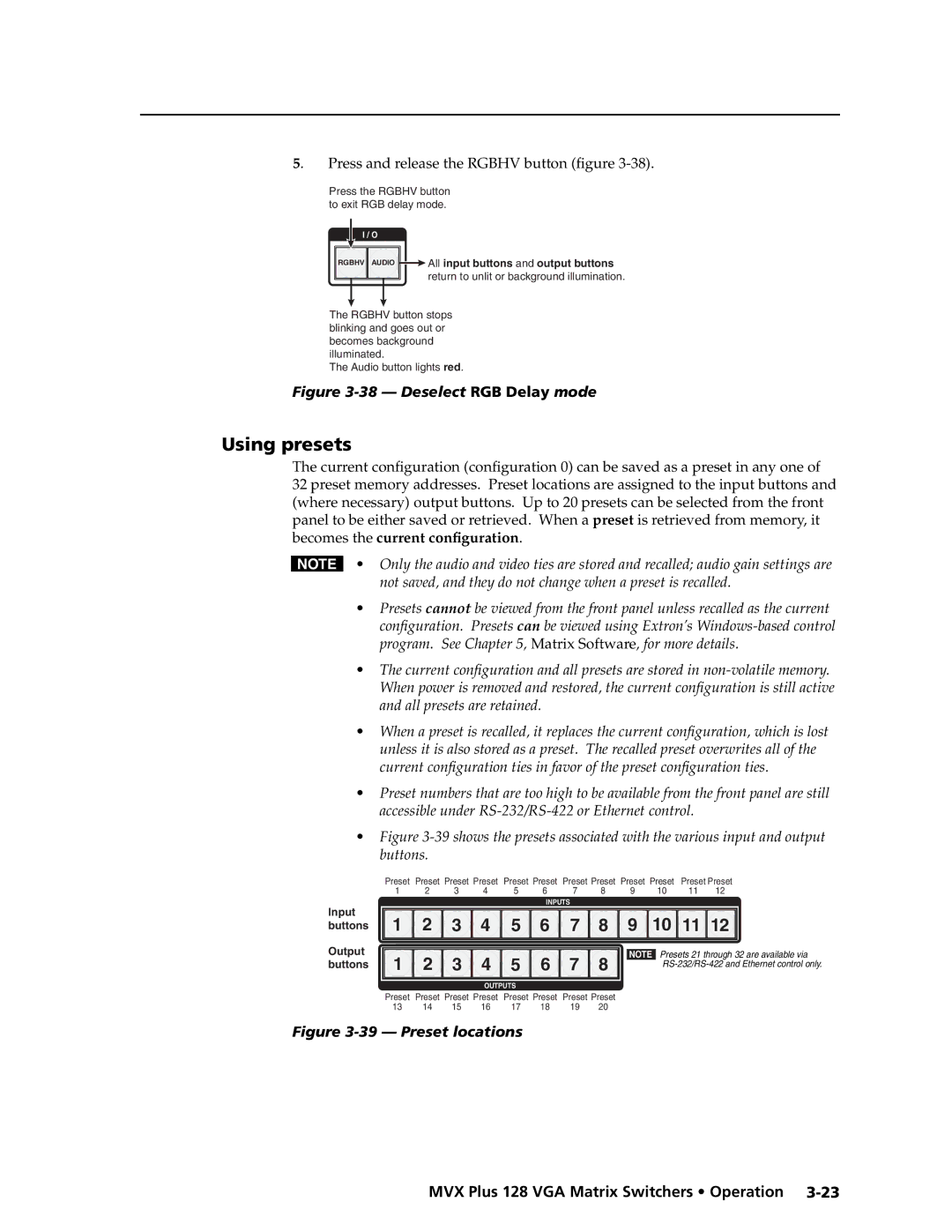 Extron electronic MVX PLUS 128 manual Using presets, Press and release the Rgbhv button ﬁgure 