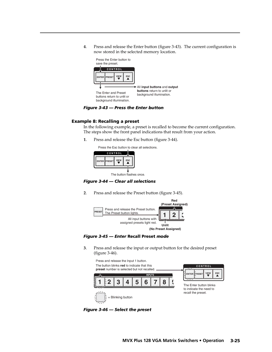 Extron electronic MVX PLUS 128 manual Example 8 Recalling a preset, Press and release the Preset button ﬁgure 