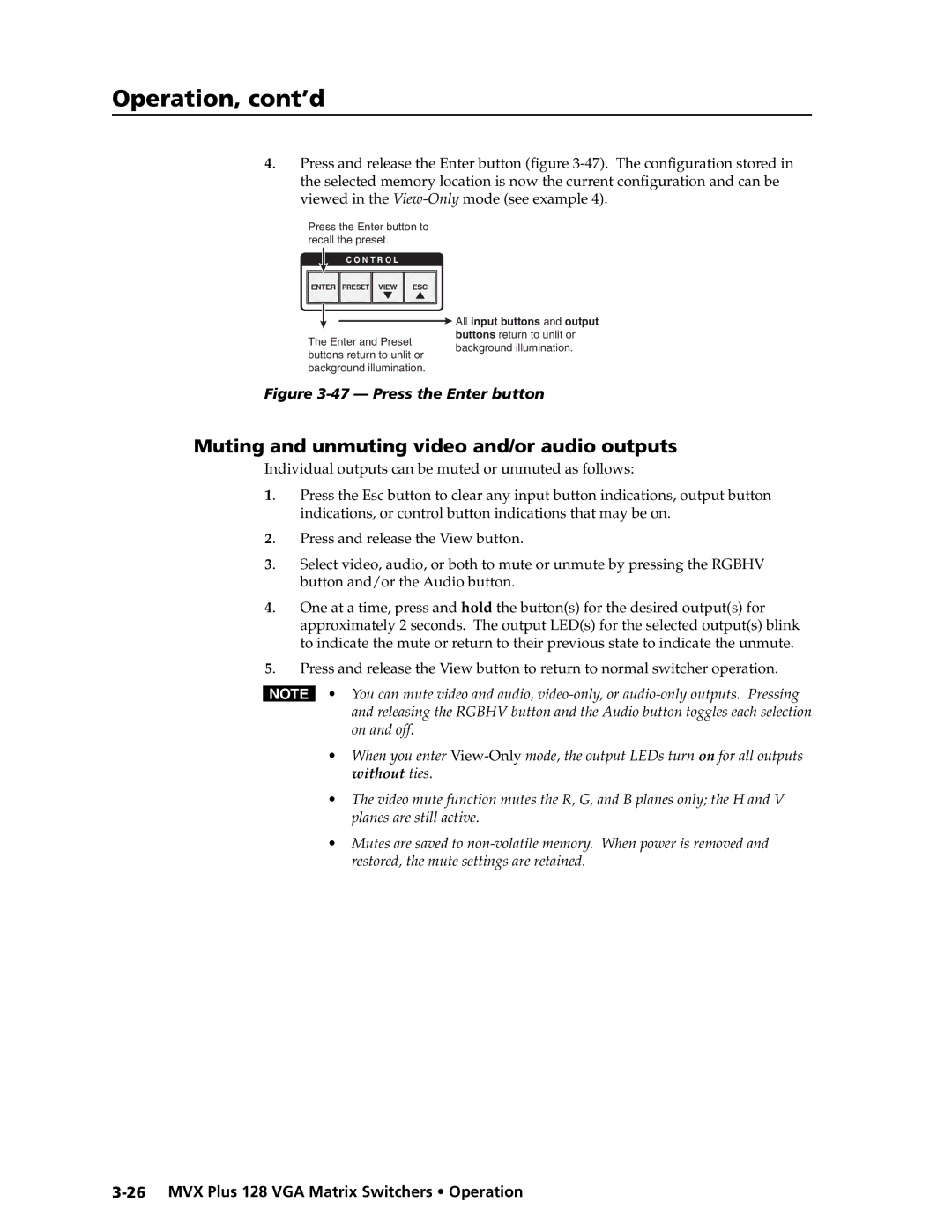 Extron electronic MVX PLUS 128 manual Muting and unmuting video and/or audio outputs, Press the Enter button 