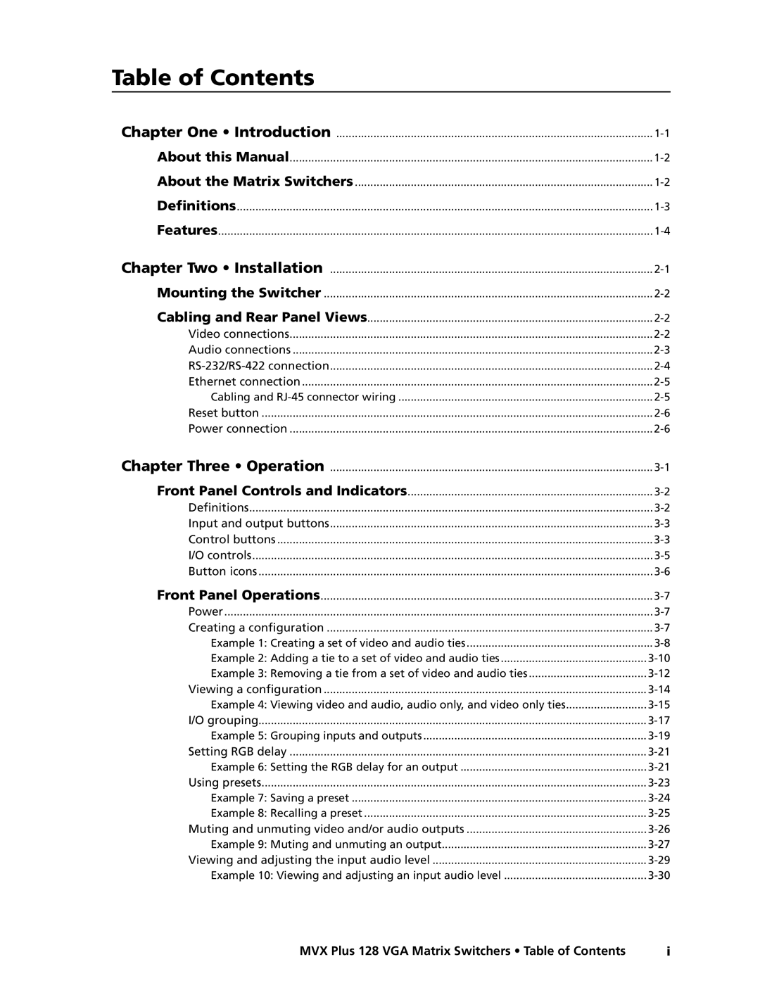 Extron electronic MVX PLUS 128 manual Table of Contents 