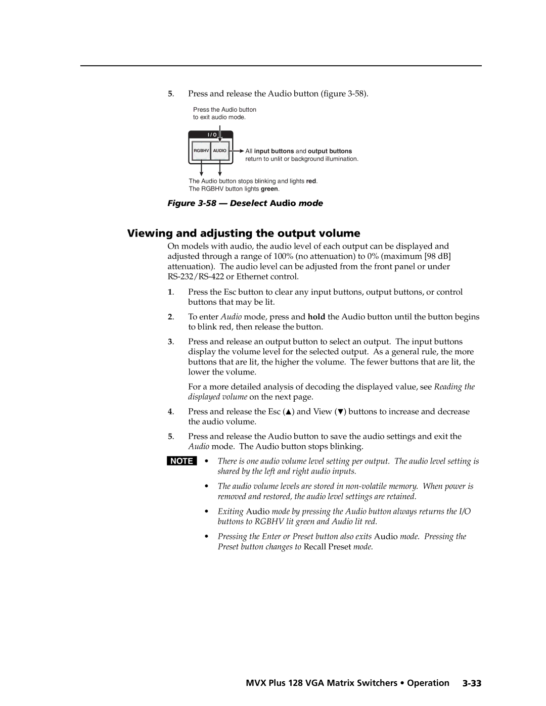 Extron electronic MVX PLUS 128 manual Viewing and adjusting the output volume, Press and release the Audio button ﬁgure 