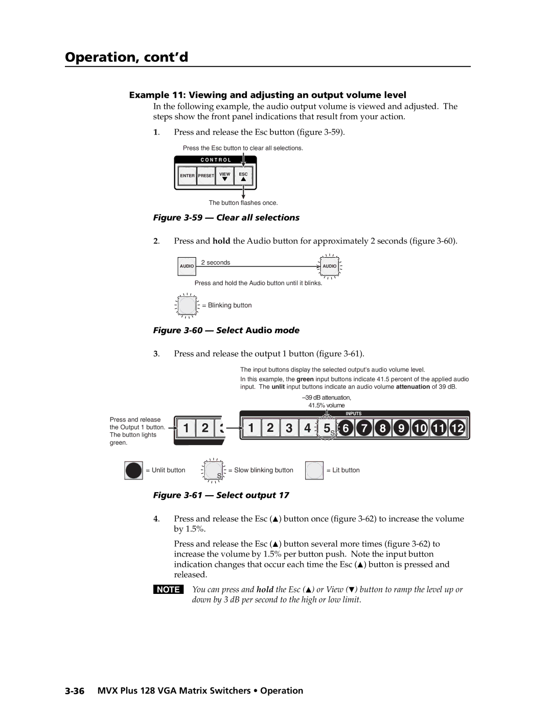 Extron electronic MVX PLUS 128 manual 10 11, Example 11 Viewing and adjusting an output volume level 