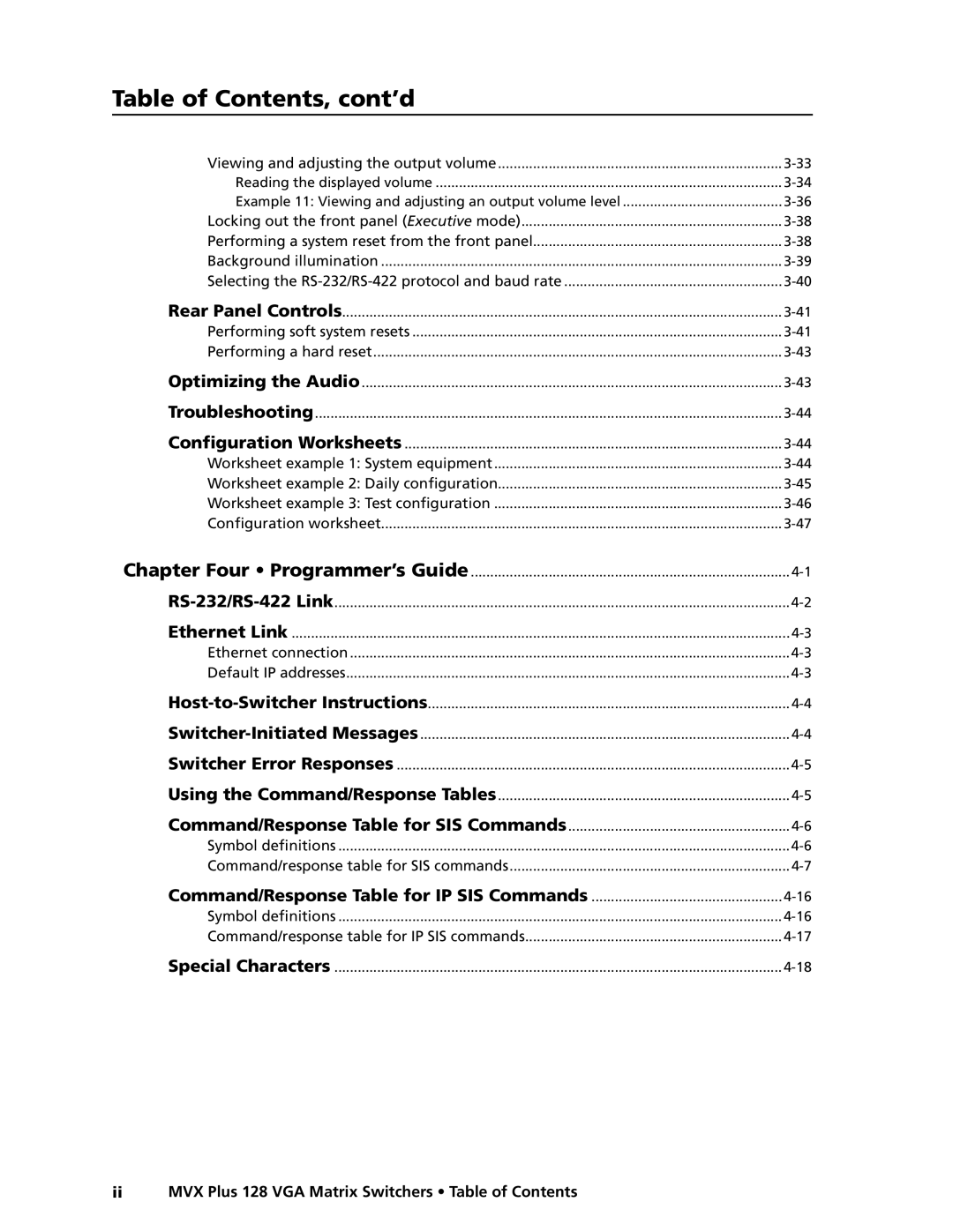 Extron electronic MVX PLUS 128 manual Table of Contents, cont’d 