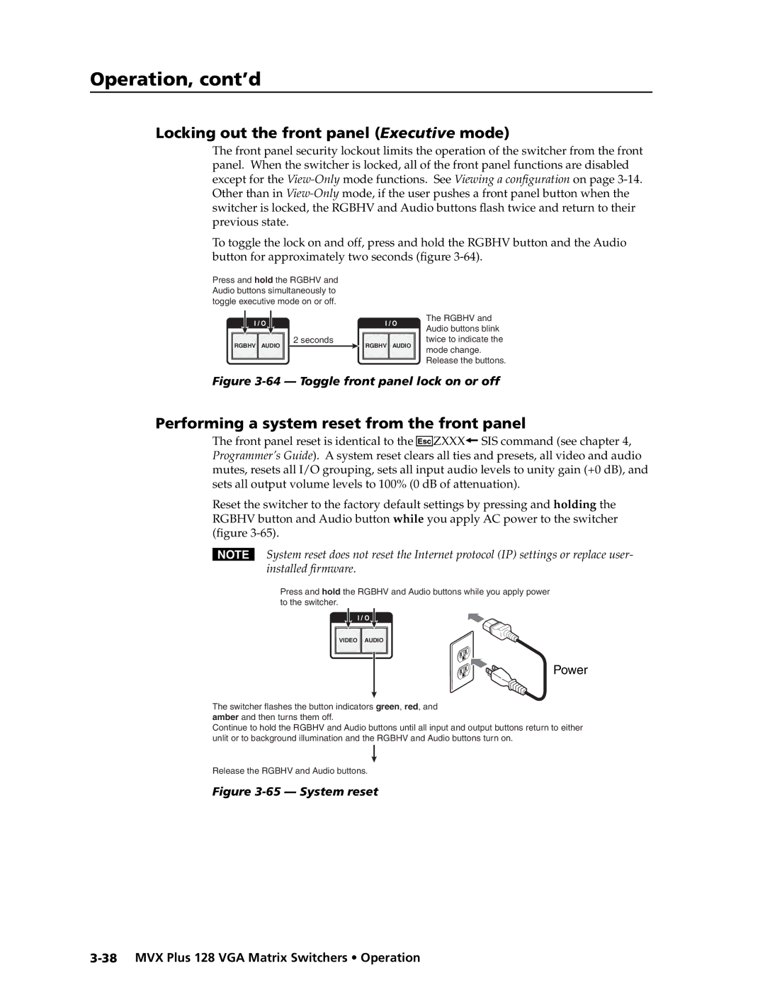 Extron electronic MVX PLUS 128 Locking out the front panel Executive mode, Performing a system reset from the front panel 