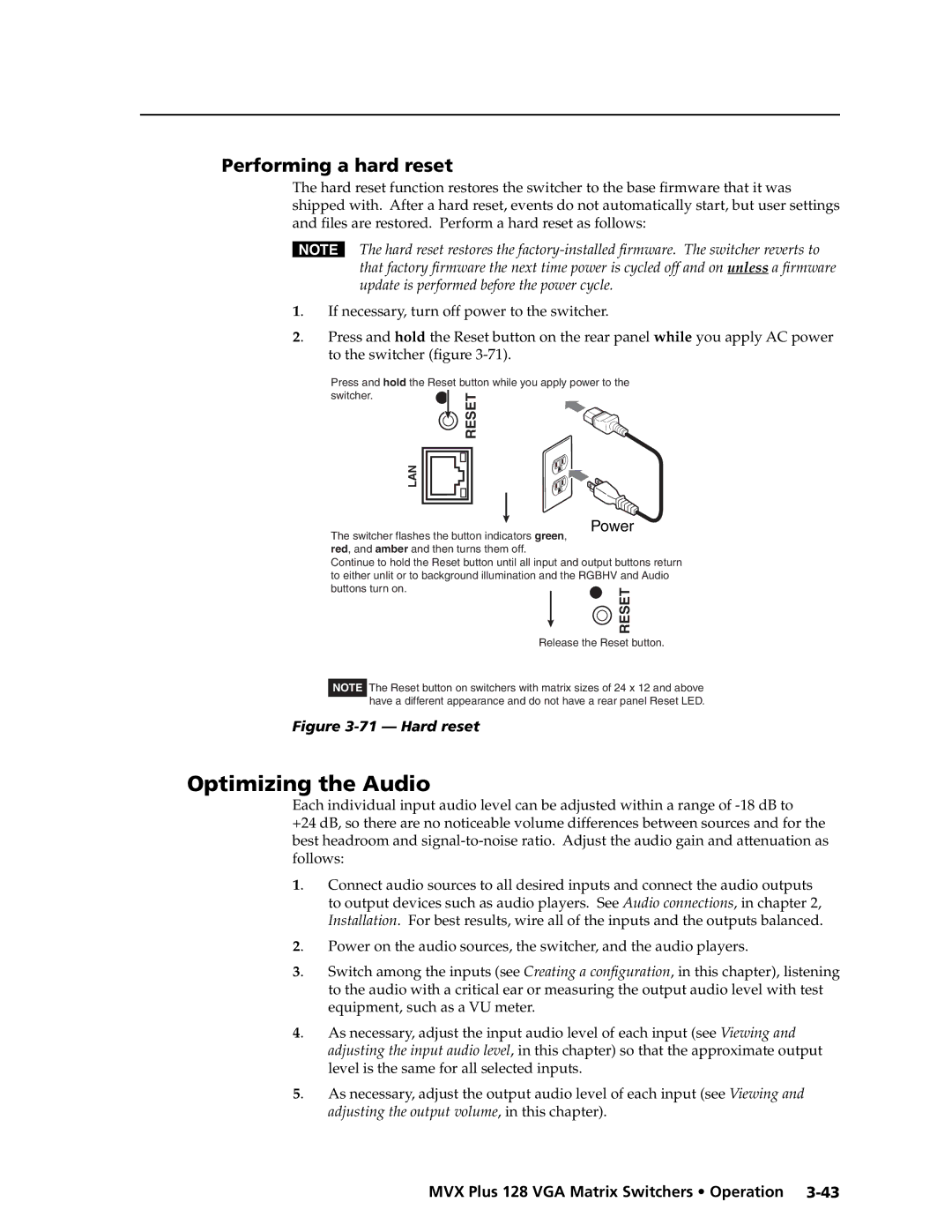 Extron electronic MVX PLUS 128 Optimizing the Audio, Performing a hard reset, If necessary, turn off power to the switcher 