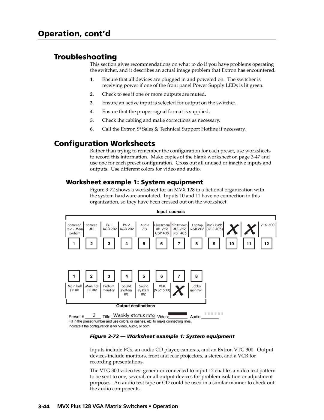 Extron electronic MVX PLUS 128 manual Troubleshooting, Conﬁguration Worksheets, Worksheet example 1 System equipment 