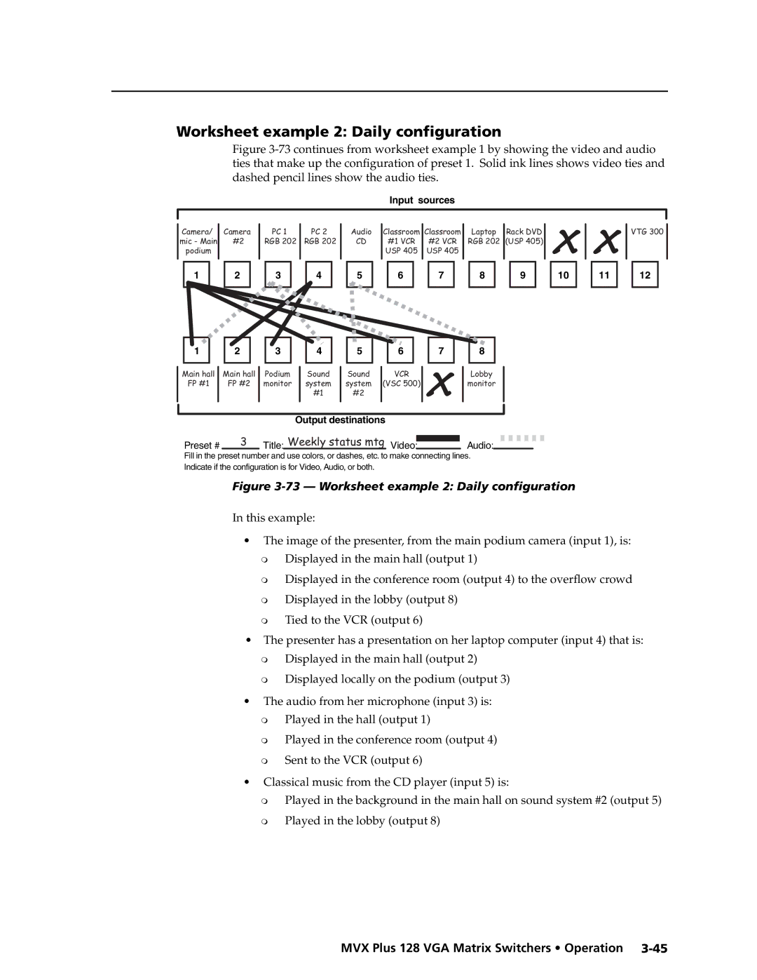 Extron electronic MVX PLUS 128 manual Worksheet example 2 Daily conﬁguration 