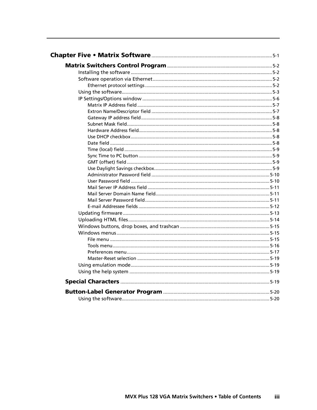 Extron electronic MVX PLUS 128 manual MVX Plus 128 VGA Matrix Switchers Table of Contents Iii 