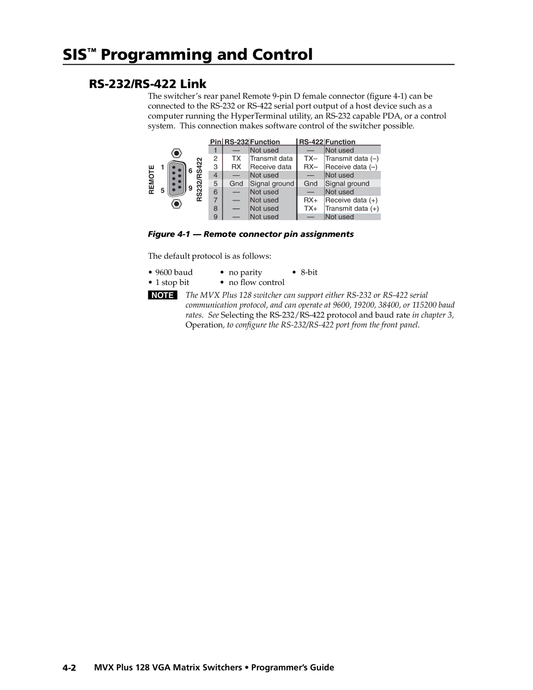 Extron electronic MVX PLUS 128 manual RS-232/RS-422 Link, MVX Plus 128 VGA Matrix Switchers Programmer’s Guide 