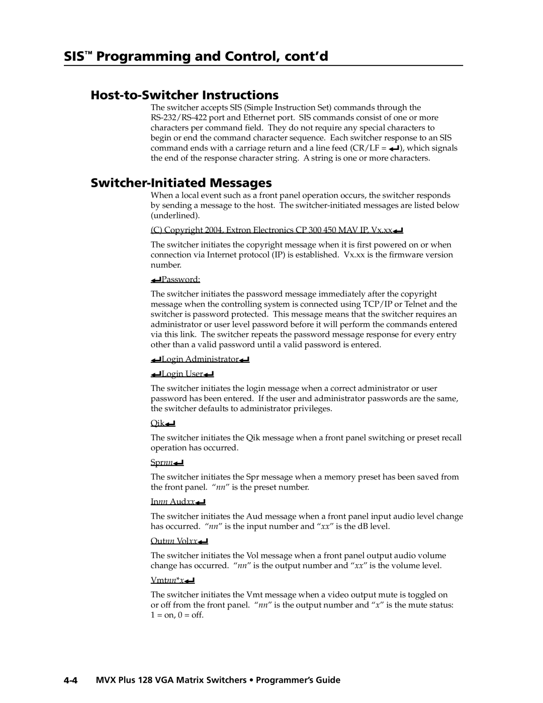 Extron electronic MVX PLUS 128 manual Host-to-Switcher Instructions, Switcher-Initiated Messages 