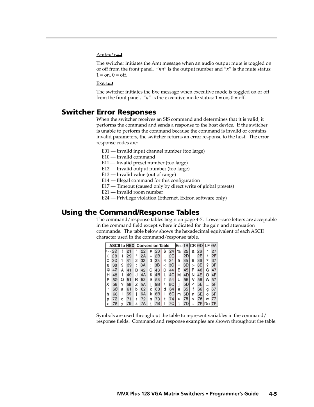 Extron electronic MVX PLUS 128 manual Switcher Error Responses, Using the Command/Response Tables 